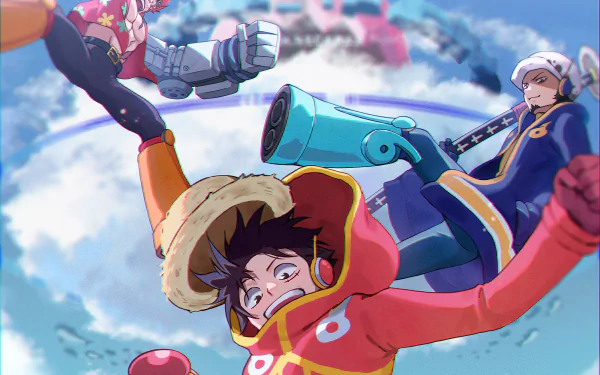 HD anime desktop wallpaper featuring One Piece characters Eustass Kid, Monkey D. Luffy, and Trafalgar Law in dynamic action poses against a vibrant sky background.