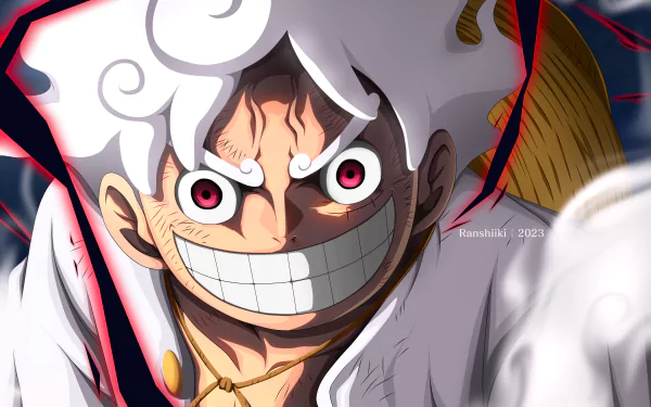 HD desktop wallpaper featuring Monkey D. Luffy in his Gear 5 form from One Piece, showcasing his distinctive wide grin and intense expression against a dynamic background.