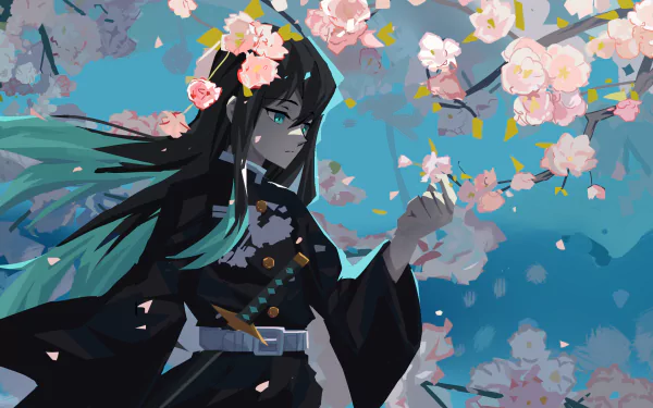 HD desktop wallpaper featuring Muichiro Tokito from Demon Slayer: Kimetsu no Yaiba, standing among blossoming cherry trees.