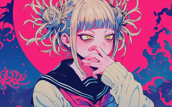 HD Anime Wallpaper featuring Himiko Toga from My Hero Academia, with a vibrant pink and blue background.