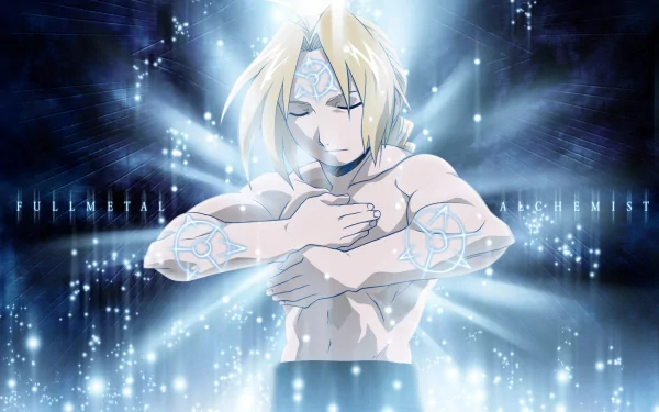 HD desktop wallpaper featuring Edward Elric from Fullmetal Alchemist. Edward, a blonde character, is centered with glowing alchemical symbols and a mystical, radiant background.