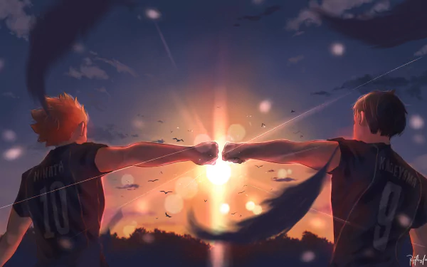 HD desktop wallpaper featuring Tobio Kageyama and Shōyō Hinata from the anime Haikyū!! fist-bumping against a dramatic sunset background.