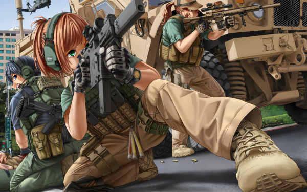 Anime-inspired military scene featuring characters in tactical gear, poised for action. This vibrant 4K Ultra HD wallpaper offers an engaging backdrop for any desktop.