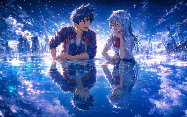 Two Psyren (anime) characters lean over a glowing, reflective water surface beneath neon city lights; vivid blue nightscape in a 4K Ultra HD PC desktop wallpaper and background.
