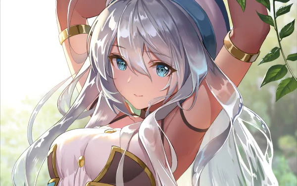 An anime girl with blue eyes and silver hair poses outdoors, touching green leaves. HD desktop wallpaper and background.