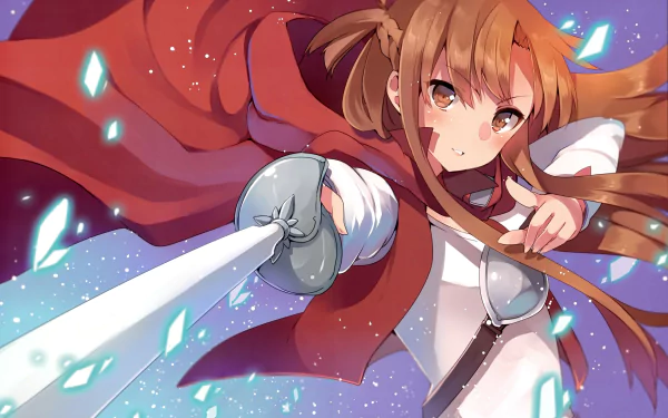 HD desktop wallpaper featuring Asuna Yuuki from Sword Art Online. Asuna is depicted holding a sword with vibrant shards of light surrounding her.