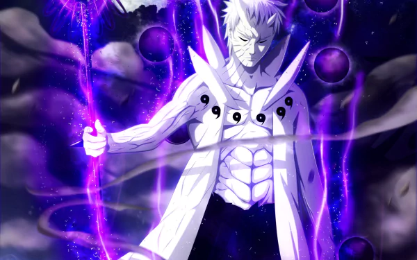 HD desktop wallpaper featuring Obito Uchiha from the anime Naruto, depicted standing in a powerful pose with a glowing purple aura and six black spheres floating around him.