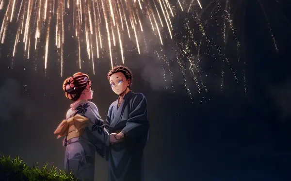 Demon Slayer: Kimetsu no Yaiba anime 4K Ultra HD PC desktop wallpaper — two figures in yukata holding hands on a grassy hill beneath a sky exploding with fireworks.