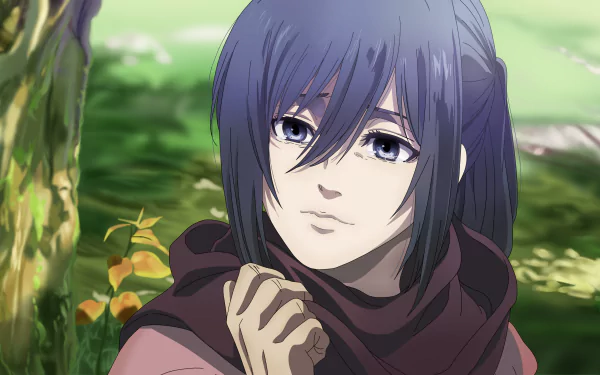 An HD desktop wallpaper featuring Mikasa Ackerman from the anime Attack on Titan, set against a serene, green background.