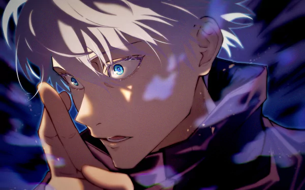 Satoru Gojo from Jujutsu Kaisen depicted in a detailed 4K Ultra HD anime wallpaper, showcasing his intense gaze and glowing blue eyes.