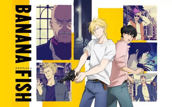 HD desktop wallpaper featuring Ash Lynx and Eiji Okumura from the anime Banana Fish, showcasing multiple dynamic scenes and characters from the series.