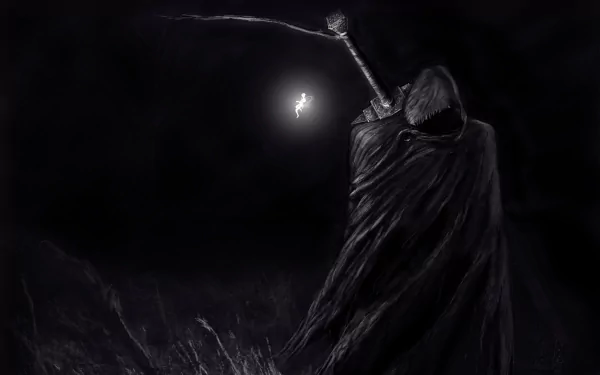 HD wallpaper of Guts from the anime Berserk, depicted in a dark, atmospheric scene with a large sword held upward, capturing a moment of intensity and solitude.