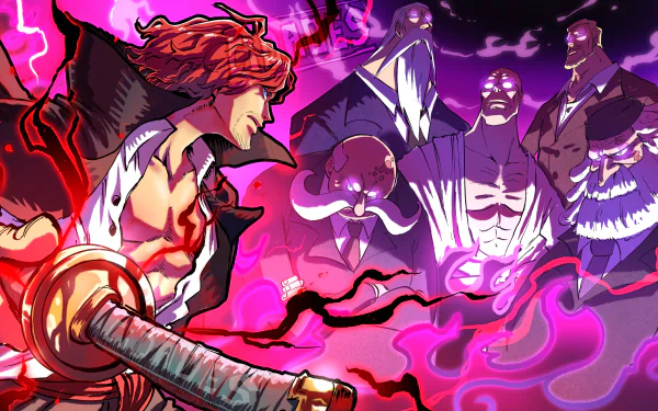 4K Ultra HD anime wallpaper featuring Shanks from One Piece, surrounded by vivid purple and red energy with ghostly figures in the background.