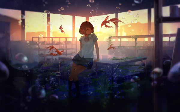 A serene anime scene featuring a short-haired girl at sunset, surrounded by fish and bubbles in a water-filled room, creating a tranquil atmosphere. 4K Ultra HD desktop wallpaper.