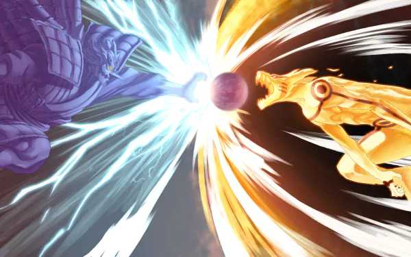 HD wallpaper featuring Kurama and Susanoo from Naruto engaging in a dynamic battle, highlighted by vibrant, intense colors and powerful energy effects.