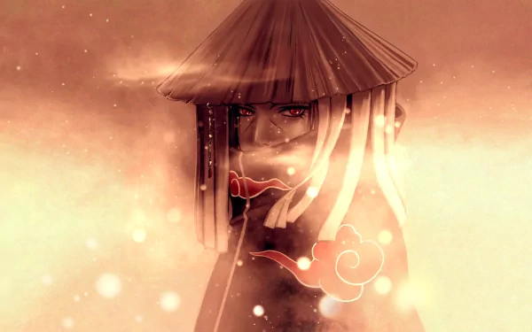 An HD desktop wallpaper of Itachi Uchiha from Naruto, featuring his red Sharingan eyes and Akatsuki cloak, against a warm, glowing background.