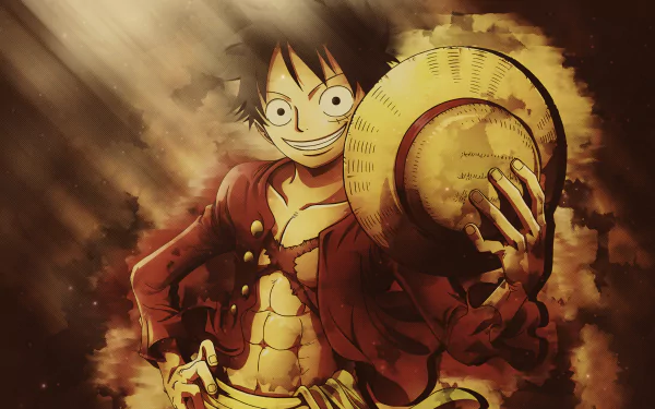 HD wallpaper featuring Monkey D. Luffy from the anime One Piece, with Luffy holding his iconic straw hat against a dynamic background.