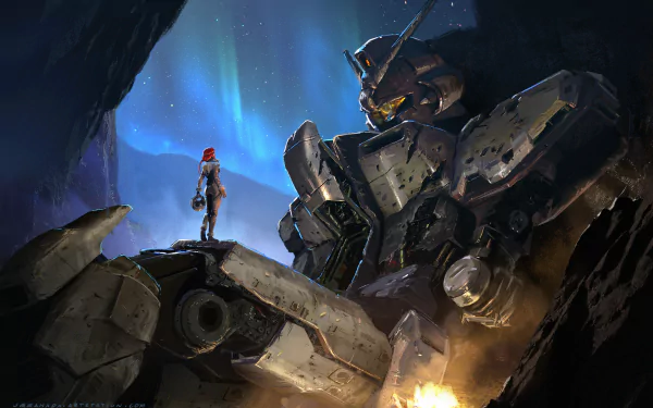 HD desktop wallpaper depicting an intense scene with a giant Gundam robot in a cave-like environment, illuminated by the Northern Lights in the sky. An anime character stands atop the robot, adding to the dramatic atmosphere.