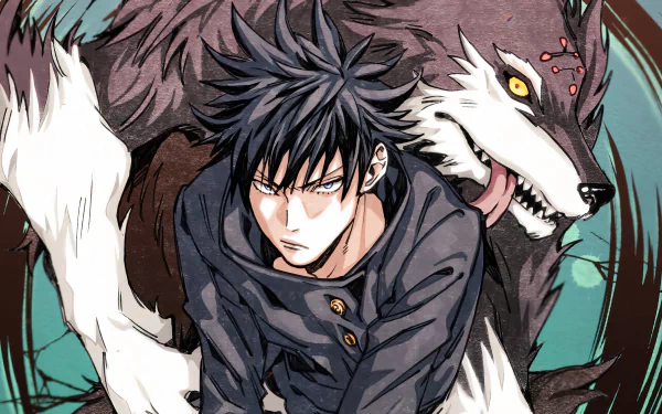 Anime-themed 4K Ultra HD desktop wallpaper featuring Megumi Fushiguro from Jujutsu Kaisen with a fierce, shadowy wolf companion.