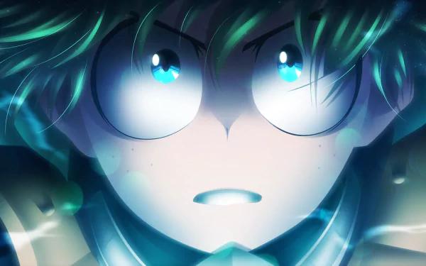 HD desktop wallpaper of Izuku Midoriya from My Hero Academia, featuring his intense expression and green hair against a dynamic background.