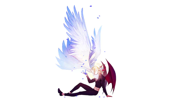 HD wallpaper featuring Ban and Elaine from The Seven Deadly Sins anime sitting together, showcasing their wings with Ban’s being red and Elaine’s white.