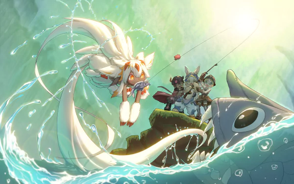 HD anime desktop wallpaper featuring characters from Made in Abyss riding a large aquatic creature in a glowing, mystical underwater scene.