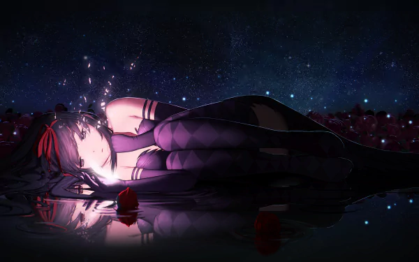 HD wallpaper featuring Homura Akemi from Puella Magi Madoka Magica, lying down in a dreamy, starlit setting, adorned in thigh highs.