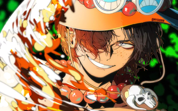HD anime wallpaper featuring Portgas D. Ace from One Piece, showcasing his fiery powers and iconic hat with vibrant colors and dynamic flames.