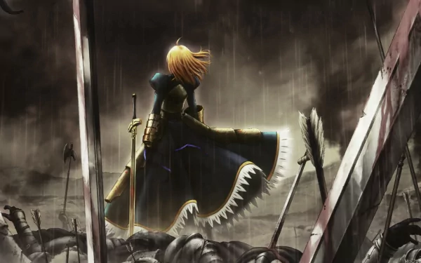 HD desktop wallpaper featuring Saber from Fate/Zero. The anime character stands in a rain-soaked, battlefield background with swords and fallen warriors.