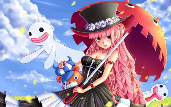 Anime HD desktop wallpaper of a One Piece character with long pink hair in a black dress and hat, holding a red and black umbrella, surrounded by floating white ghost-like figures against a blue sky background.