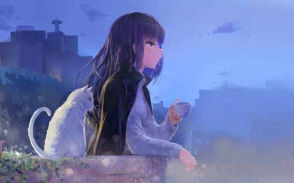 An anime girl with long purple hair and purple eyes stands on a balcony at night, holding a cup. A white cat sits beside her. The scene is moody with cityscape in the background. HD desktop wallpaper.