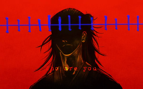 Suguru Geto from Jujutsu Kaisen is depicted in a striking 4K Ultra HD anime wallpaper with a bold red background and blue barbed design across the image.
