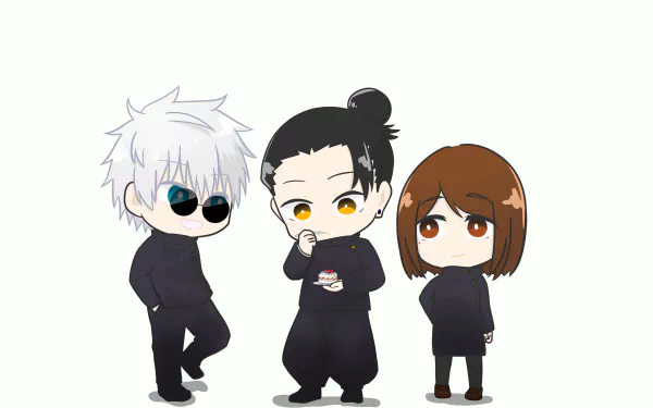 Chibi-style anime illustration of Shoko Ieiri, Suguru Geto, and Satoru Gojo from Jujutsu Kaisen, featured in a 4K Ultra HD desktop wallpaper.