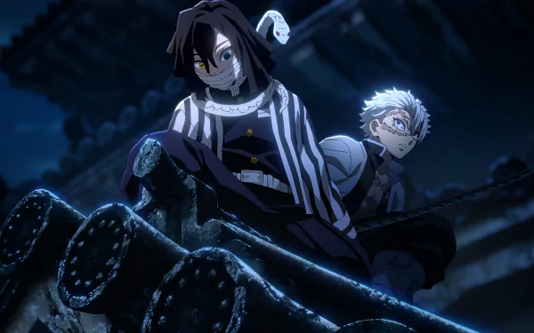 4K Ultra HD Anime wallpaper featuring Obanai Iguro and Sanemi Shinazugawa from Demon Slayer: Kimetsu no Yaiba in a dark, atmospheric scene.