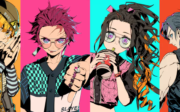 HD desktop wallpaper featuring characters Inosuke Hashibira, Nezuko Kamado, Tanjiro Kamado, and Zenitsu Agatsuma from the anime Demon Slayer: Kimetsu no Yaiba. Vibrant and colorful background.