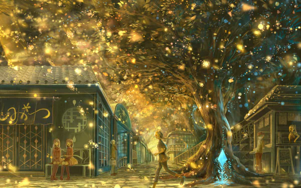 Anime-style HD wallpaper depicting a magical nighttime cityscape with glowing trees, floating lights, and people interacting in a warmly lit street.