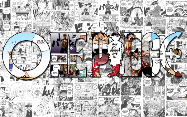 HD desktop wallpaper of One Piece anime, featuring a collage of manga panels with characters highlighted within the bold text ONE PIECE.