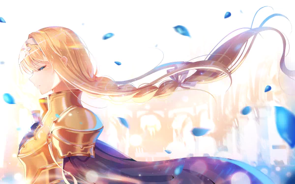 HD wallpaper featuring Alice Zuberg from Sword Art Online: Alicization. The anime-style image shows Alice with her eyes closed, surrounded by floating blue petals, set against a light, ethereal background.
