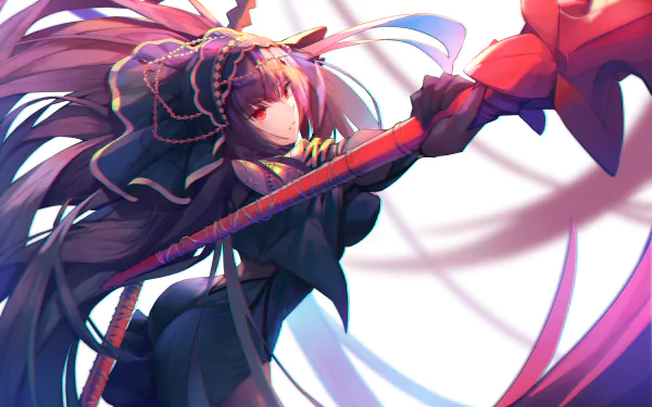 HD desktop wallpaper featuring Scathach from Fate/Grand Order in an anime style, wielding a spear with a dynamic pose, long flowing hair, and intricate outfit details.