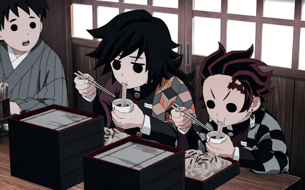 4K Ultra HD Anime wallpaper featuring chibi-style characters from Demon Slayer: Kimetsu no Yaiba enjoying a meal in a traditional setting.