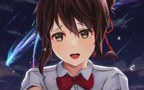 HD wallpaper featuring Mitsuha Miyamizu from the anime Your Name. Mitsuha has brown hair and eyes and is depicted with tears on her face. The background showcases a night sky with falling stars.