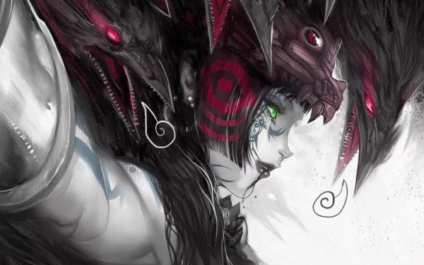 HD desktop wallpaper featuring an anime-style fantasy character with ornate tattoos and vibrant red eyes, set against a dynamic, textured background.