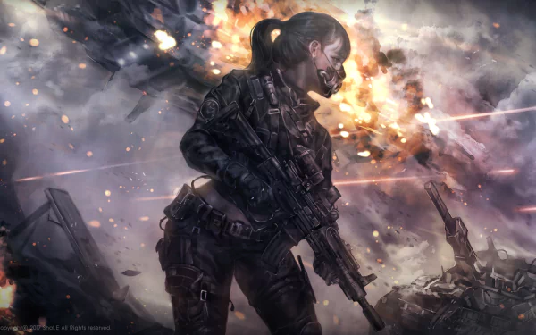 Anime warrior with a ponytail holding a gun stands amidst a dramatic explosion in a high-definition original artwork, making an intense desktop wallpaper and background.