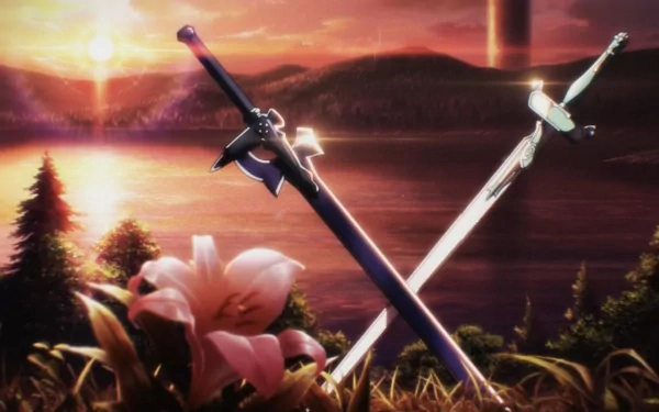 HD desktop wallpaper of a serene lake during sunset with two crossed swords and a flower in the foreground, inspired by Sword Art Online anime.