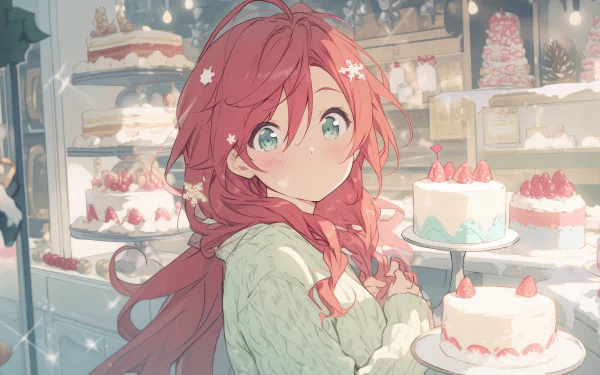 HD desktop wallpaper featuring an anime girl with red hair and green eyes, standing in front of a display of cakes in a bakery. She has a surprised expression, and the background is filled with pastel colors and lighting.