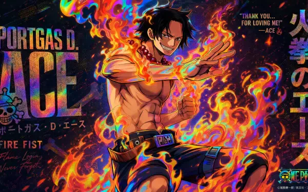 4K Ultra HD PC desktop wallpaper of One Piece's Portgas D. Ace: shirtless anime hero wreathed in blue-orange flames, clenched fist and fiery aura against a dark, dramatic background.