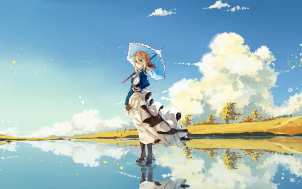 HD desktop wallpaper of Violet Evergarden, an anime character, standing in a reflective water surface, wearing a dress and skirt, under a clear blue sky with fluffy clouds in the background.