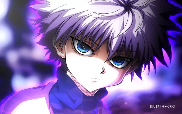 HD wallpaper featuring Killua Zoldyck from the anime Hunter x Hunter. The character stands against a vibrant background, with piercing blue eyes and white hair glowing under dramatic lighting.