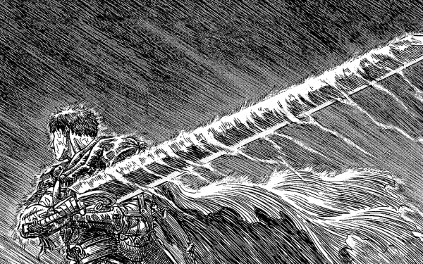 A striking HD desktop wallpaper featuring an anime character from Berserk, wielding a massive sword in a dramatic, rain-soaked scene.
