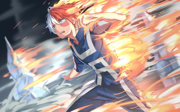 A high-definition wallpaper of Shoto Todoroki from My Hero Academia. The image features Todoroki ablaze with his fiery power in a dynamic action scene, set against a dramatic background.